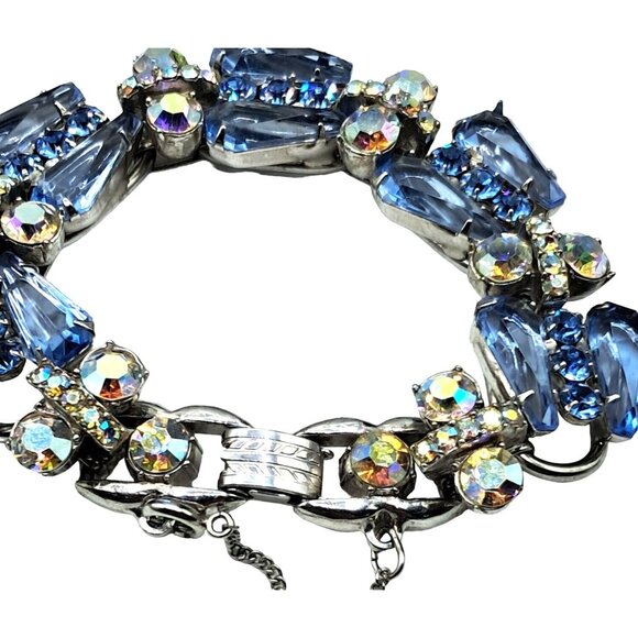 Juliana Pentagon Rhinestone Bracelet Blue Aurora Borealis Vintage Jewelry - Picture 4 of 6